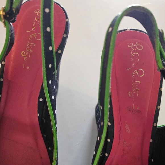 8.5 Lilly Pulitzer Peep Toe Wedge Slingback Sandals Lily Navy Blue Polka… - Picture 5 of 6